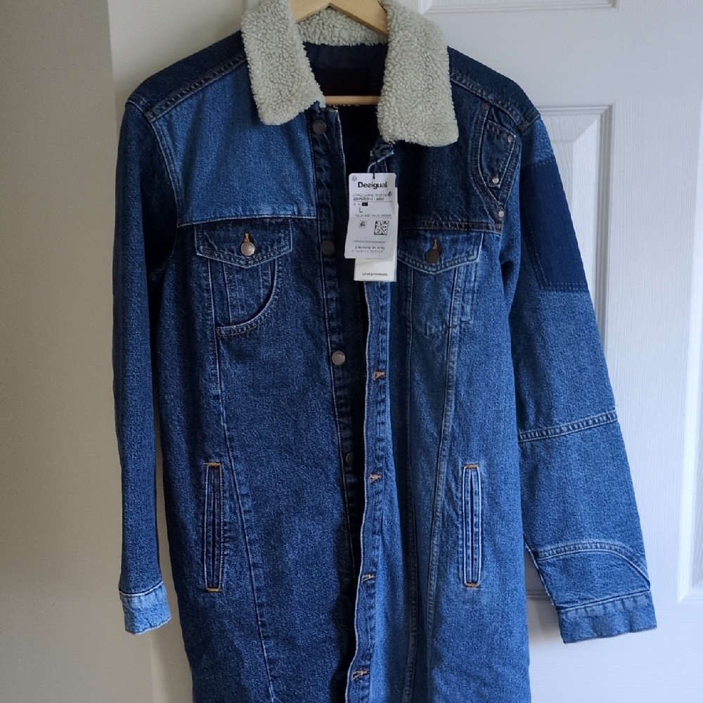 NWT Desigual Blue Denim Jacket with Faux Sherpa Collar